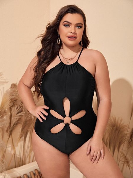 

plus cut-out ring linked cross back one piece swimsuit d4uw#, Black