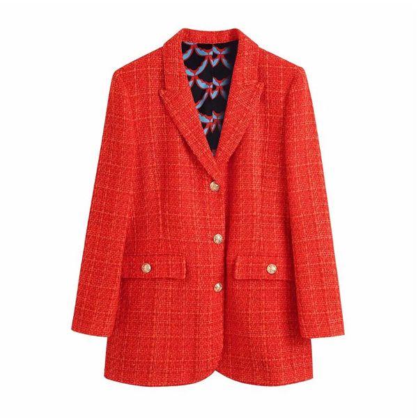 

women's suits & blazers fitted tweed blazer coat vintage long sleeve pockets female outerwear chic veste women fashion with print linin, White;black