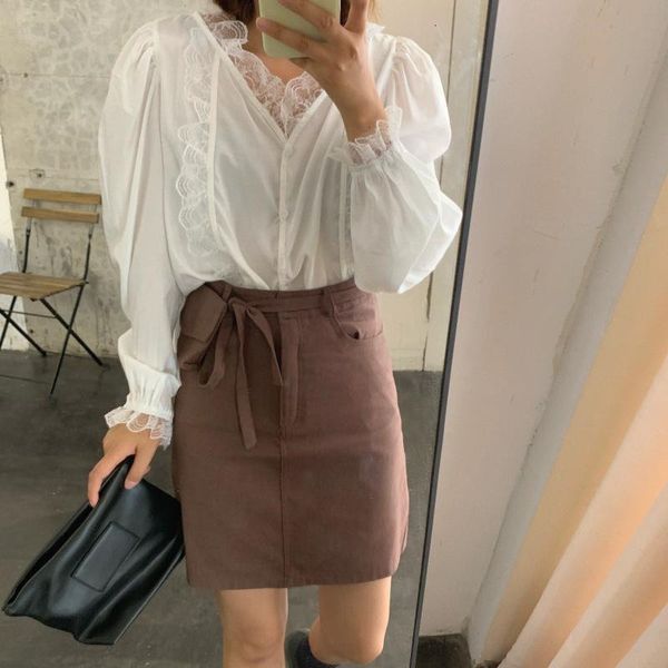 

dress korean chic shirt white women's fashionable long sleeve patchwork lace streetwear sweet feminine ruffles blouses