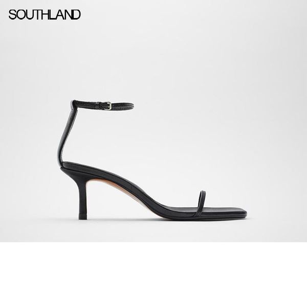 

summer black minimalism high-heeled sheep leather sandals women's word belt mid-heel shoes dress