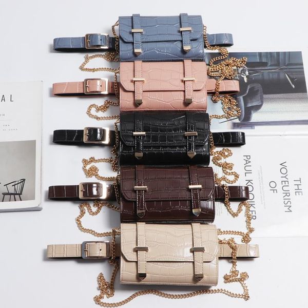 

waist bags 2021 chic style croco pattern packs pink blue detachable faux leather belt phone bag women long chain messenger
