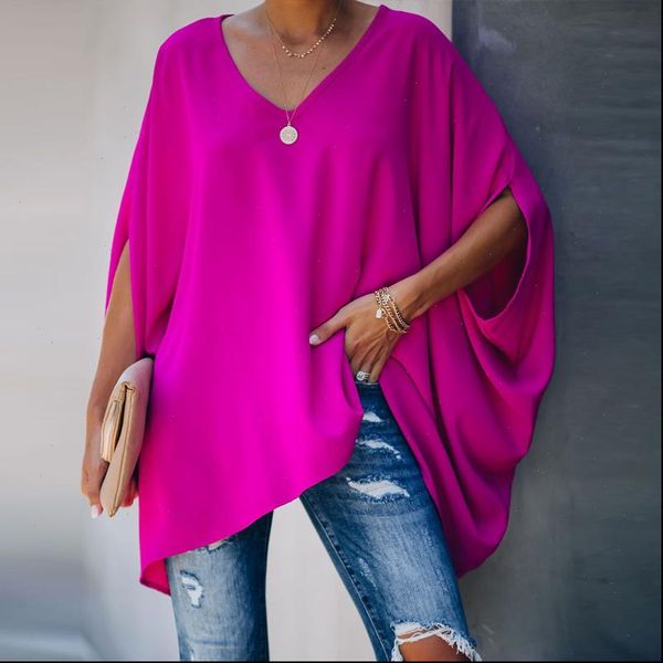 

summer solid color v neck women t shirt batwing sleeve fashion loose casual shirts drop good quality, White