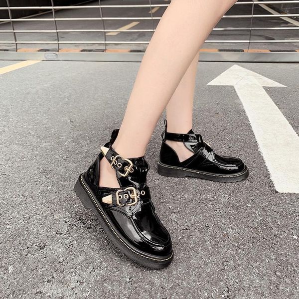 

boots ymechic autumn spring 2021 fashion black pu patent leather buckle strap low heel gothic punk ankle women's shoes