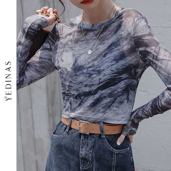 Yedinas Stile Coreano Tie Dye Crop Top Donna Harajuku Estate Maglia a maniche lunghe T-shirt See Through Traslucido Streetwear E Girl 210527
