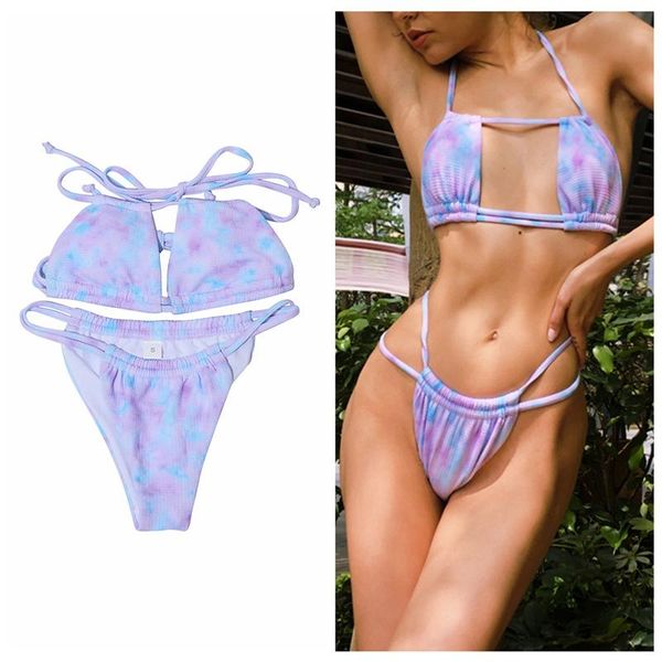 

one-piece suits tie dye two piece swimwear women summer split bathing suit tie-dye mixed color up backless bikini swimsuit