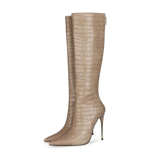 

boots 2021 winter women casual shoes short calf stone print pu upper stiletto thin high heel knee big size 47, Black