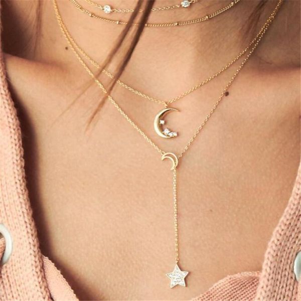 

multi-layer necklace chocker crystal star moon pendant chains fashion jewelry accessories for women chokers, Golden;silver