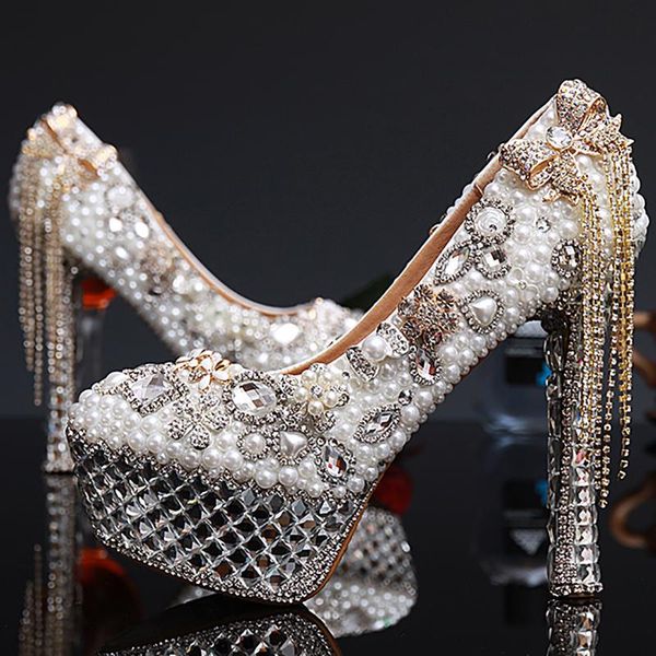 

women wedding pearl shoes luxury crystal high heels platform pumps tassel genuine leather bridal party ladies plus size 43 dress, Black