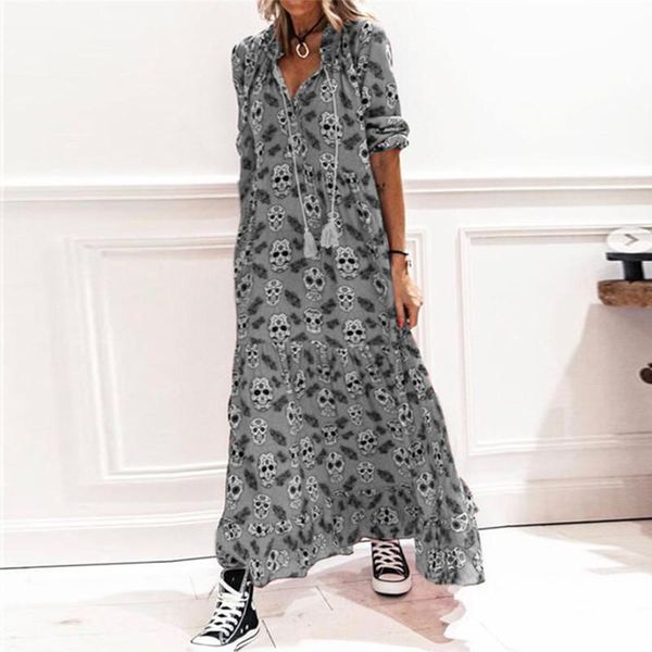 

casual dresses retro skull printed women maxi dress v neck long sleeve a-line party ladies summer fashion drawstring tassel loose, Black;gray