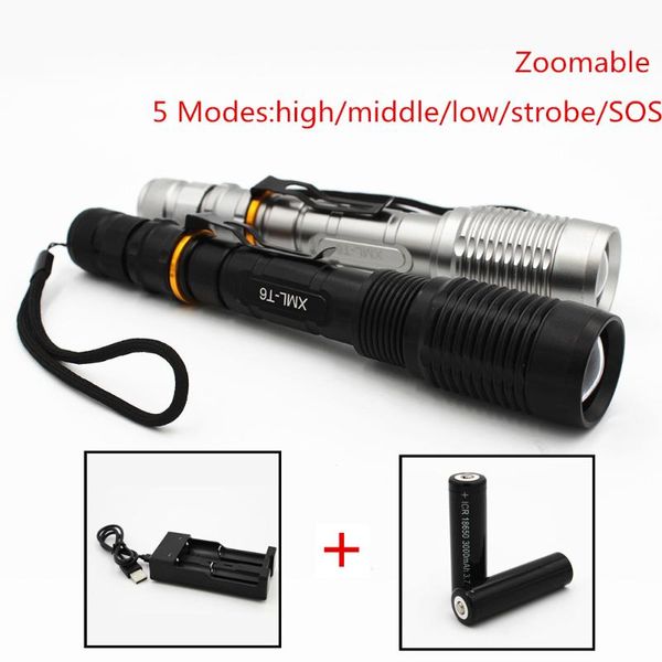 

zoomable xm-l t6 led zoom 5 modes torch outdoor hunting light lamp high/middle/low/strobe/sos flashlights torches