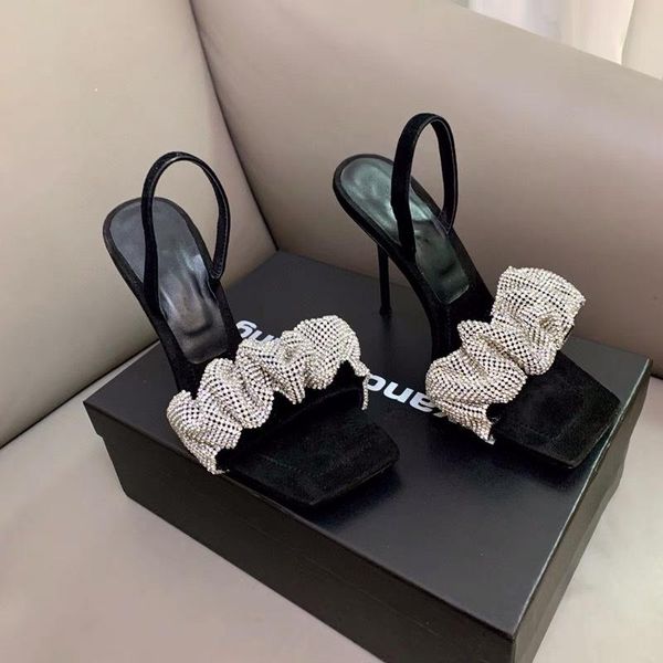 

sandals 2021 summer square-toe slippers with rhinestone stilettos banquet fashion shoes heels women for, Black