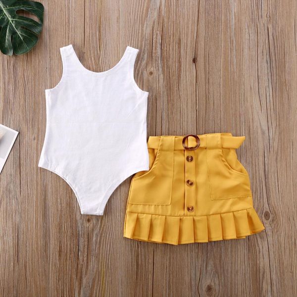 

toddler baby girl clothes solid color sleeveless romper button skirt 2pcs outfits summer set, White