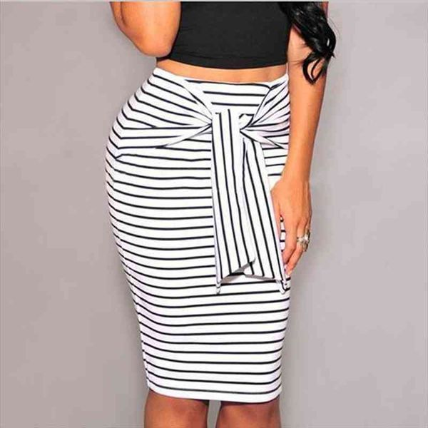 

summer women stripe pencil skirts bodycon long skirt fashion high waist bow tie skirt big size white black female