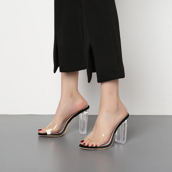 

peep toe shoes woman 2021 slippers flat heeled mules pantofle jelly slides square heel high transparent block glitter pvc ru, Black