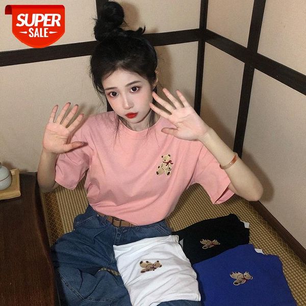 

korean version of the new bear print vintage sense loose bottoming student short-sleeved t-shirt women #j91e, White
