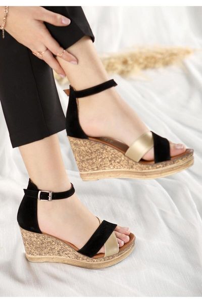 

sandals petro black suede gold detailed fill heel