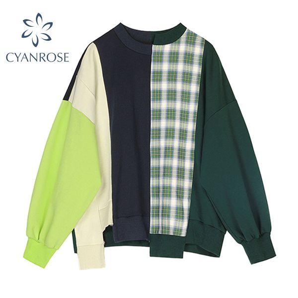 

girls long sleeve patchwork autumn winter warm sweatshirt casual fashion vintage loose hoodie oversize o neck pullover 210417, White