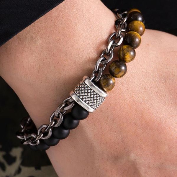 

link, chain tibetan strand natural map stone tiger eye men's beaded bracelet for women stainless steel bracelets male jewelry 7.87&quot, Black