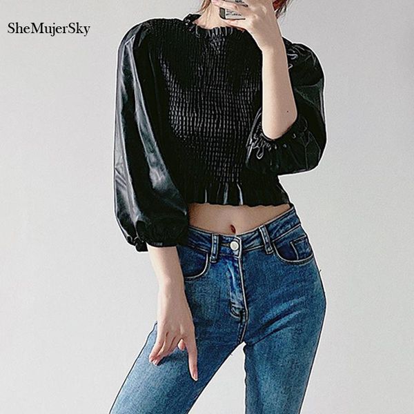 

shemujersky women faux leather elastic blouses ruched lantern sleeve cropped 2021 slim shirts women's &, White