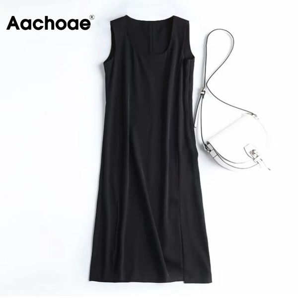 

aachoae summer casual black midi dress women sleeveless o neck chic dresses female elegant split dress vestidos mujer 210413, Black;gray