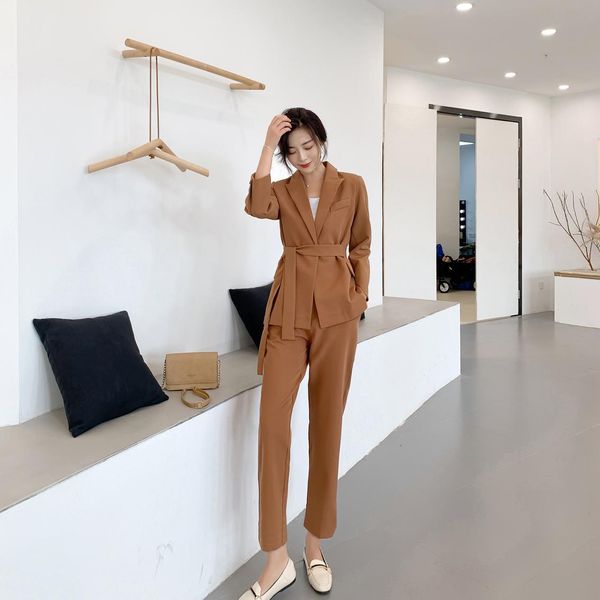 

autumn winter women lace up pant suit notched blazer jacket & pant office wear suits female sets 210515, White