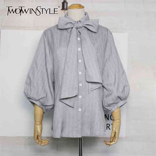 

korean striped blouse for women stand collar lantern sleeve patchwork bowknot casual spring shirt female fashion 210524, White