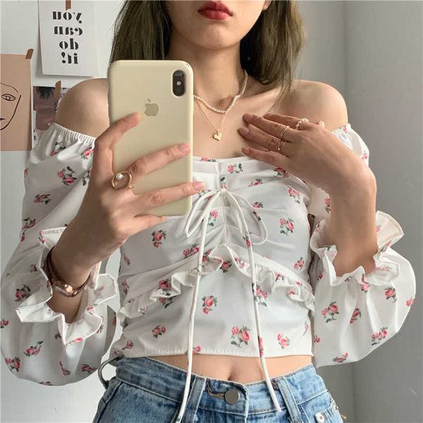 

t shirt women crop summer elegant long puff sleeve chiffon v-neck ruffle cute lace-up floral clothing for women 210527, White