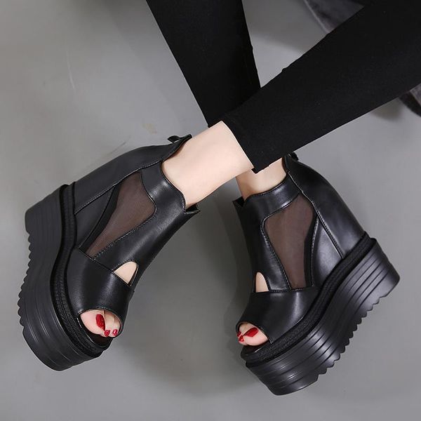 

dress shoes european wedges with high-heeled sandals women 12cm muffin thick-bottom mesh fish mouth internal cool boots women's, Black