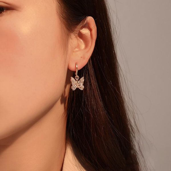 

hoop & huggie korean elegant shiny rhinestones crystal butterfly earrings statement small geometric circle for women ear jewelry, Golden;silver
