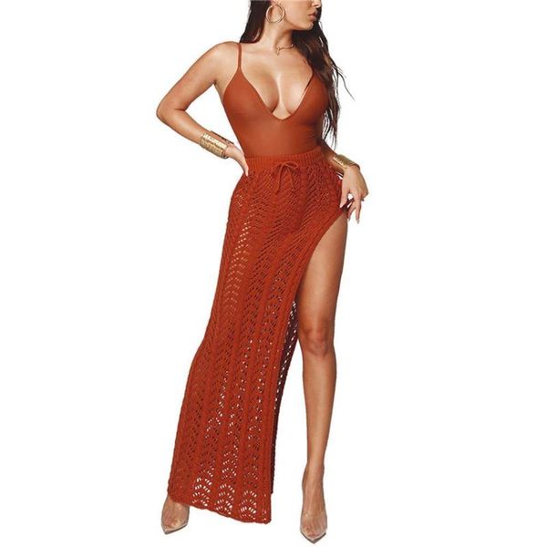 Praia Saia Sólida Swimwear Cor Crocheted Hollowed-Out Splitting Joelho-Comprimento Longo Cover-Ups Mulheres Beachwear Swimwear