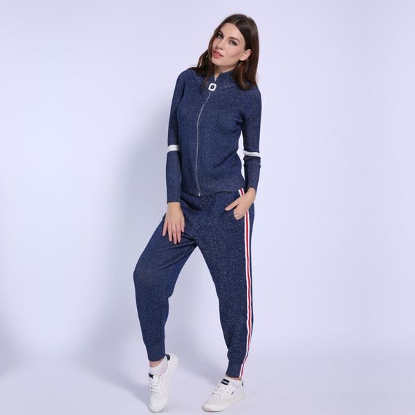 

two piece dress 2021 women sweater suits and set casual knitted sweaters pants 2pcs track zipper trousers+jumpers clothing sets, White
