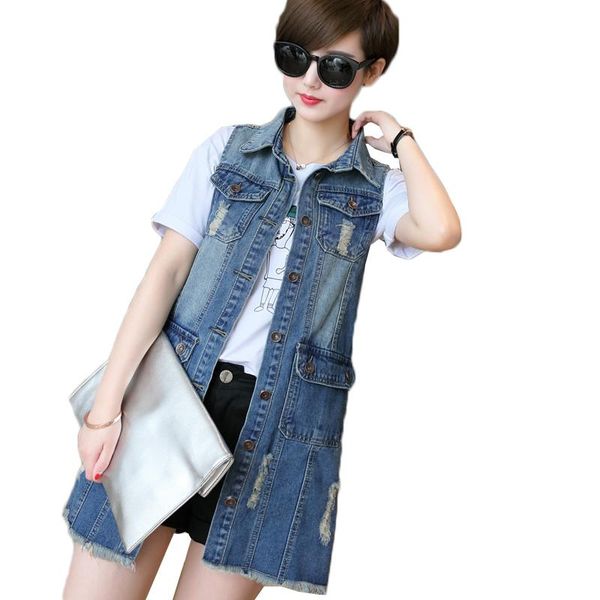 

women's vests 6xl plus size denim 2021 autumn women casual pocket hole jeans jacket large ladies sleeveless waistcoat w2094, Black;white
