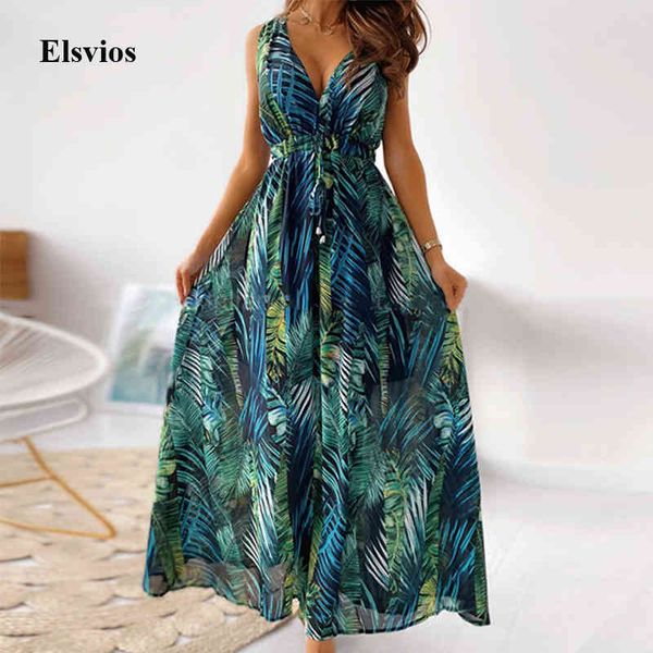 

casual dresses fashion women tie-up backless party beach 2021 v neck boho long summer elegant print sleeveless lady maxi tv7s, Black;gray