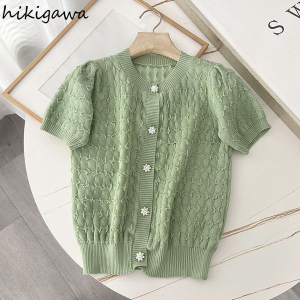 

women's knits & tees hikigawa summer knitted cardigan o neck short sleeve pearl buttons woman sweaters solid slim sweater women jumpers, White
