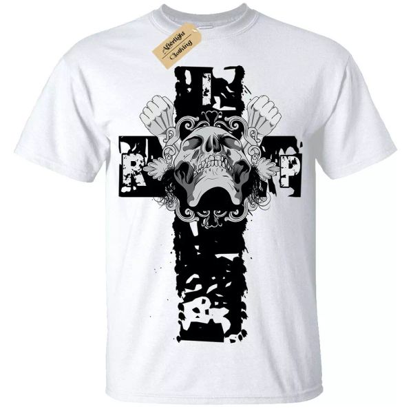 

tear skull cross gothic punk biker who rocker tee t shirt man, White;black
