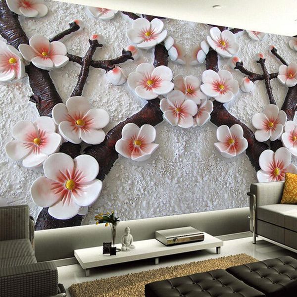 

wallpapers custom any size 3d stereoscopic relief plum flower large wall painting modern living room sofa tv backdrop cloth home decor