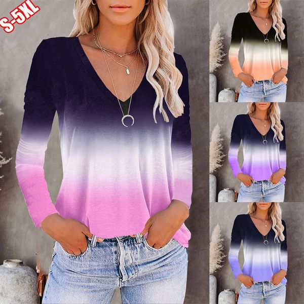 

v-neck long sleeve gradient women's t-shirt in autumn and winter of 2021, White