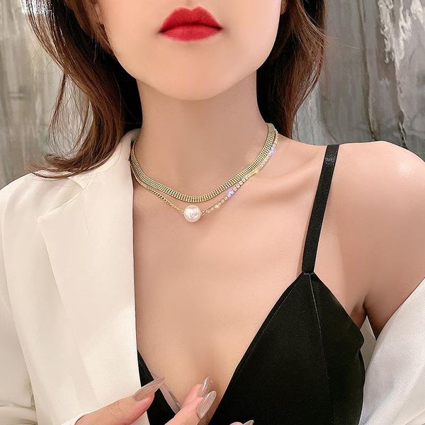 

chains elegant and simple pearl gold necklace light luxury minority advanced sense double collarbone chain choker, Silver