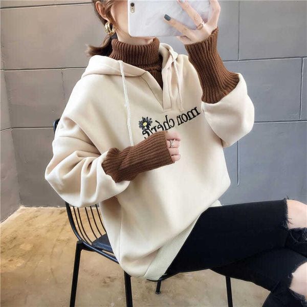

women's hoodies & sweatshirts hoodie woman autumn winter hooded high-collar fake two fashion jacket cashmere thickening korean version, Black