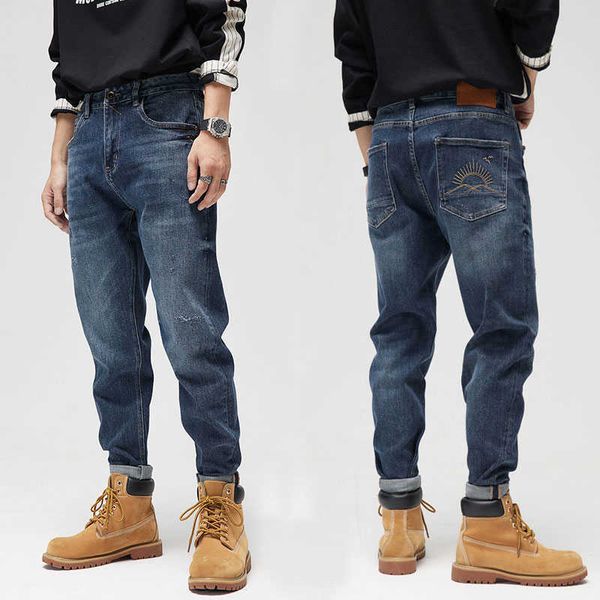 Уличный стиль моды мужские джинсы ретро синяя эластичная повседневная широкая нога разорванная вышивка дизайнер хип-хоп джинсовые брюки гарема