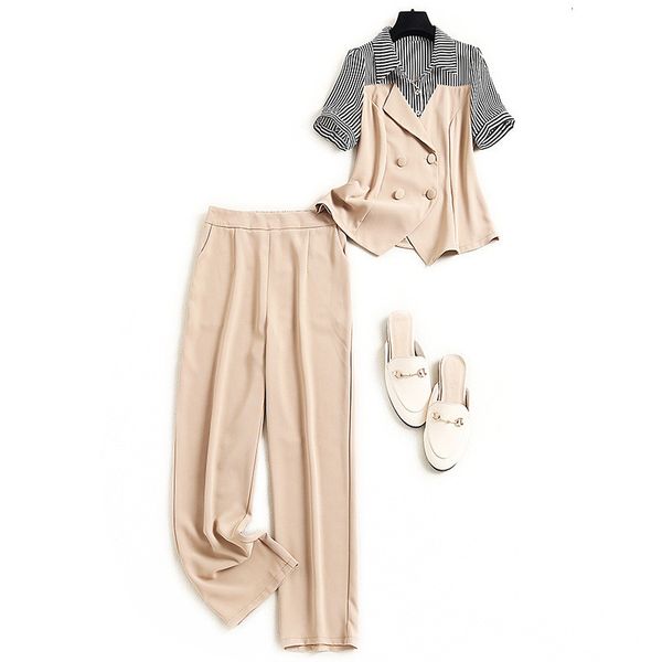 

pant fashion will see stylish lady designers office two pieces striped women's clothes blouse and suit pants, White