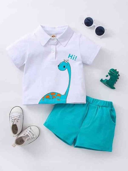

baby letter & cartoon graphic polo shirt & shorts she, White