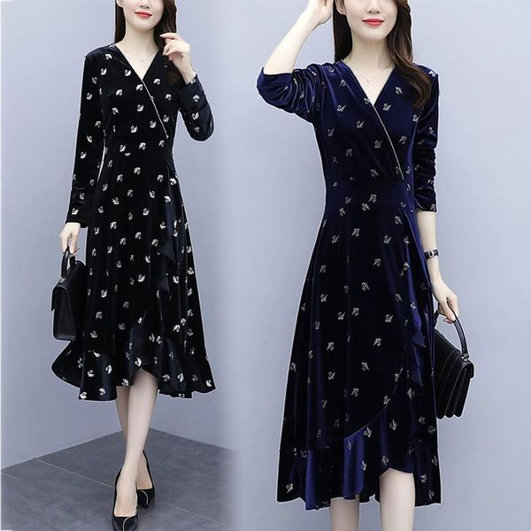 

casual dresses 5xl women's style spring autumn dress temperament gold velvet covering meat long sleeves age reduction v-neck dresss23, Black;gray