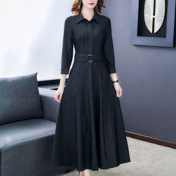 

casual dresses 2021 spring stripe long dress office lady turn-down collar button with sashes shirt women vestidos plus size 4xl k412, Black;gray