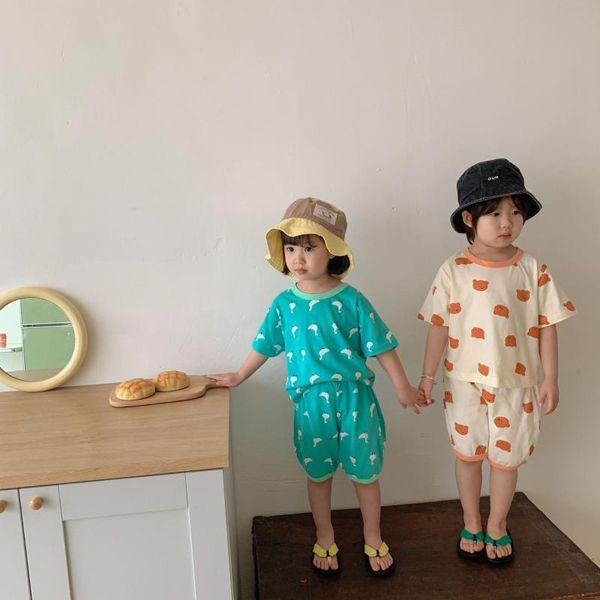 

clothing sets 2021 summer toddler baby boy cartoon pattern printed casual short sleeve + kid loose breathable thin shorts 2pcs set, White