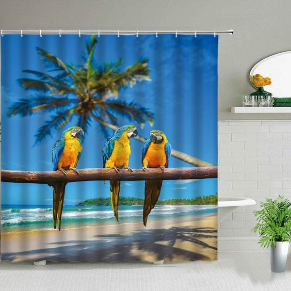 

ocean landscape sunlight beach tropical palm tree parrot shower curtains green plants bird printing bathroom decor cloth curtain