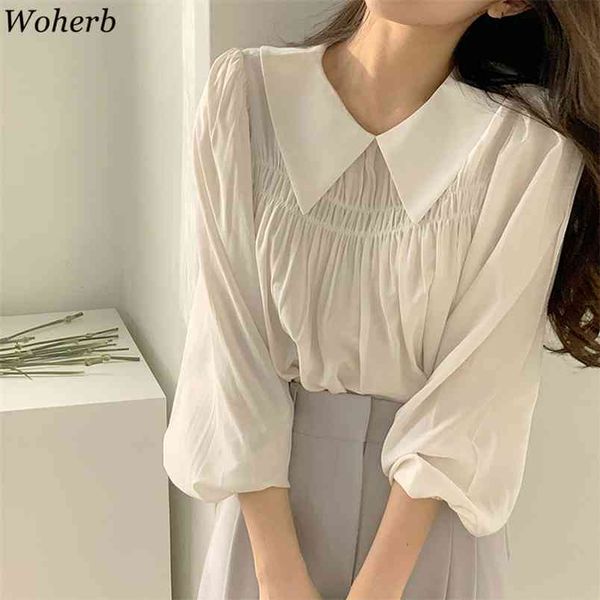 

korean chic women blouses spring summer female shirts casual pleated all match office lady blusas mujer 210519, White