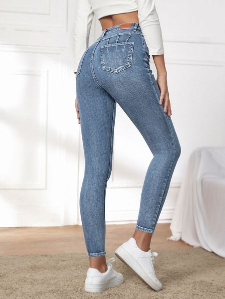 

high waist patched detail skinny jeans f1tf#, Blue