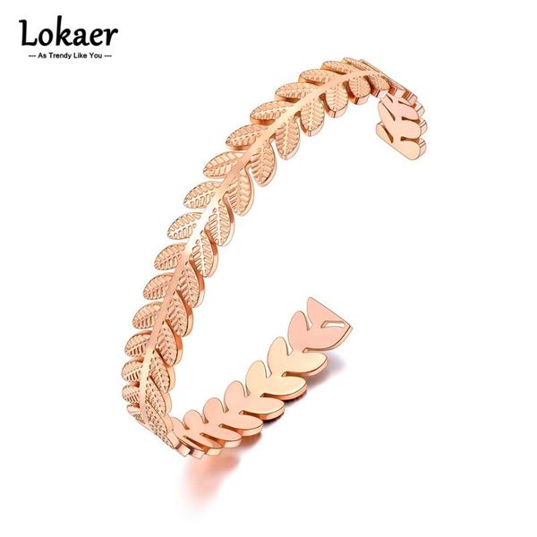 

bangle lokaer trendy stainless steel leaves open cuff bracelets bangles rose gold plated bohemia party jewelry for women b21110, Black