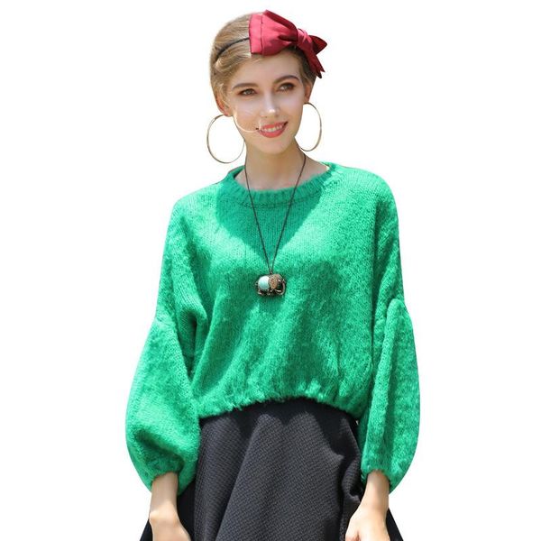 Suéteres femininos Moda Mohair Sweater Short micotela de malha solteira verde doce yong puxe femme manga de sopro A190